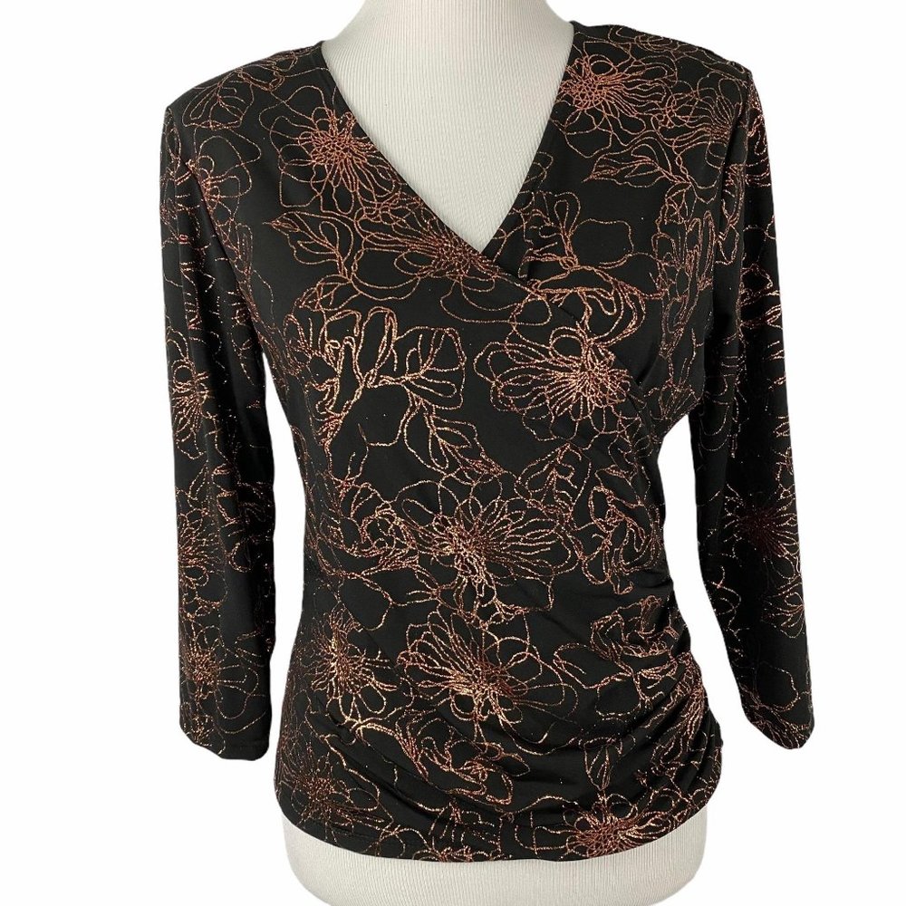 MSK Black Rose Gold Glitter Floral Wrap Top L - Picture 5 of 13